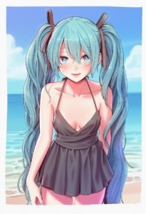 2__a-ka__, girl,{{{hatsune miku,blue hair__,medium breasts, black dress bikini,b s-2383150722