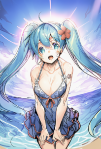 2__ajishio__, girl,{{{hatsune miku,blue hair__,medium breasts, black dress bikin s-507287436