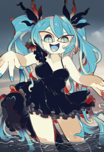 2__akadako__, girl,{{{hatsune miku,blue hair__,medium breasts, black dress,sea,s s-2433520797