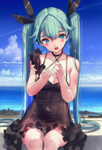 2__akasaai__, girl,{{{hatsune miku__,medium breasts, black dress,sea,solo,lookin s-2076412864