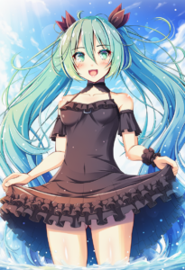 2__akashio_(loli_ace)__, girl,{{{hatsune miku__,medium breasts, black dress,sea, s-507570008
