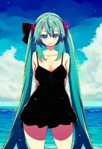 2__akino_sora__, girl,{{{hatsune miku,blue hair__,medium breasts, black dress bi s-846339389
