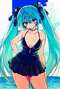 2__akiyama_enma__, girl,{{{hatsune miku,blue hair__,medium breasts, black dress s-3300000990