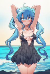 2__aningay__, girl,{{{hatsune miku,blue hair__,medium breasts, black dress bikin s-3243711521