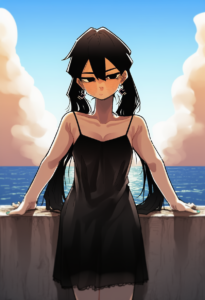 2__asahina_yoshitoshi__, girl,{{{hatsune miku__,medium breasts, black dress,sea, s-4051039814