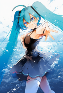 2__azuma_aya __, girl, hatsune miku,medium breasts, black dress,sea,solo,looking s-983994301
