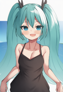 2__binsen__, girl,{{{hatsune miku__,medium breasts, black dress,sea,solo,looking s-474587797