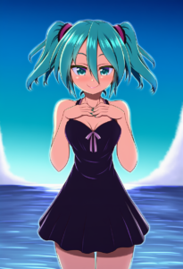 2__bococho__, girl,{{{hatsune miku,blue hair__,medium breasts, black dress bikin s-1127642994