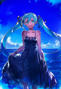 2__bunbun__, girl,{{{hatsune miku,blue hair__,medium breasts, black dress,sea,so s-3337732509