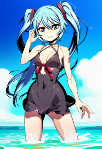 2__caryo__, girl,{{{hatsune miku,blue hair__,medium breasts, black dress bikini, s-3326102605