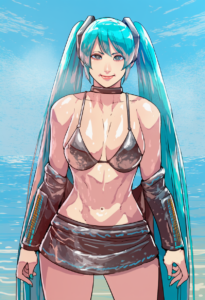 2__cirenk__, girl,{{{hatsune miku,blue hair__,medium breasts, black dress bikini s-64532677