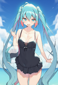 2__cloba__, girl,{{{hatsune miku,blue hair__,medium breasts, black dress bikini, s-2534744147