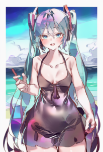 2__cocoballking__, girl,{{{hatsune miku,blue hair__,medium breasts, black dress s-3708589725