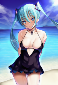 2__daive__, girl,{{{hatsune miku,blue hair__,medium breasts, black dress bikini, s-357820070