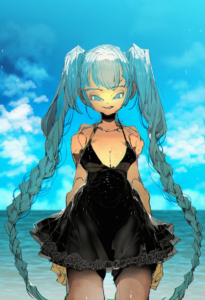 2__demizu_posuka__, girl,{{{hatsune miku,blue hair__,medium breasts, black dress s-628578952