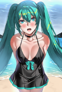 2__deras__, girl,{{{hatsune miku,blue hair__,medium breasts, black dress bikini, s-2839406813