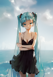 2__dino_(dinoartforame)__, girl,{{{hatsune miku,blue hair__,medium breasts, blac s-220420572