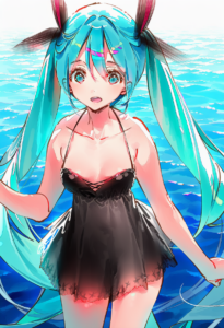 2__dsmile__, girl,{{{hatsune miku,blue hair__,medium breasts, black dress bikini s-3225158426