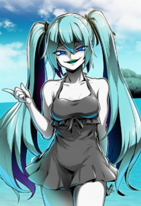 2__ebiblue__, girl,{{{hatsune miku,blue hair__,medium breasts, black dress bikin s-3869895359