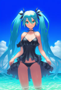 2__edarow__, girl,{{{hatsune miku,blue hair__,medium breasts, black dress bikini s-35158331