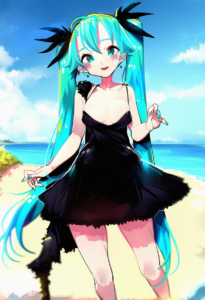 2__ejami__, girl,{{{hatsune miku__,medium breasts, black dress,sea,solo,looking s-1390706532