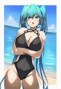 2__ganesagi__, girl,{{{hatsune miku,blue hair__,medium breasts, black dress biki s-2929040622