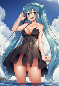 2__goback__, girl,{{{hatsune miku,blue hair__,medium breasts, black dress bikini s-2595979660