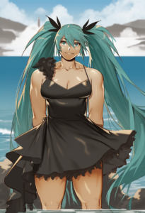 2__gomtang__, girl,{{{hatsune miku__,medium breasts, black dress,sea,solo,lookin s-526192017