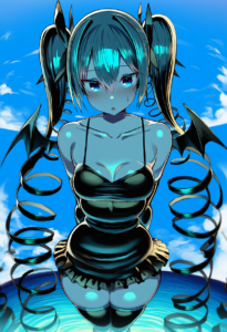 2__greatmosu__, girl,{{{hatsune miku__,medium breasts, black dress,sea,solo,look s-2780794520
