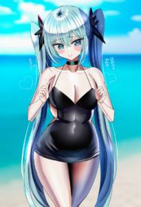 2__hanasaka_houcha__, girl,{{{hatsune miku,blue hair__,medium breasts, black dre s-20218793