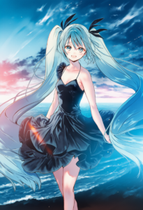 2__hanekoto __, girl, hatsune miku,medium breasts, black dress,sea,solo,looking s-2162158887