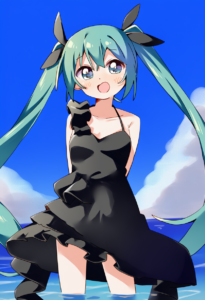 2__haru_(konomi_150)__, girl,{{{hatsune miku__,medium breasts, black dress,sea,s s-36070669