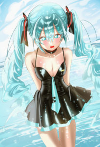 2__haruri__, girl,{{{hatsune miku,blue hair__,medium breasts, black dress bikini s-136027070