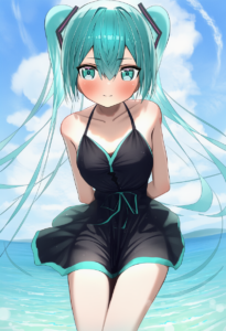 2__hidulume__, girl,{{{hatsune miku,blue hair__,medium breasts, black dress biki s-15418433