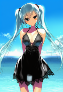 2__hima__, girl,{{{hatsune miku,blue hair__,medium breasts, black dress bikini,b s-3639548316