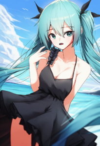 2__huhi_(huhi_1211)__, girl,{{{hatsune miku__,medium breasts, black dress,sea,so s-2375495906