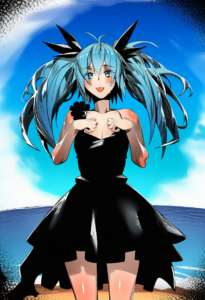 2__hxd__, girl,{{{hatsune miku__,medium breasts, black dress,sea,solo,looking at s-1528167758