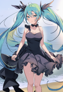 2__icomochi__, girl,{{{hatsune miku__,medium breasts, black dress,sea,solo,looki s-1012620121