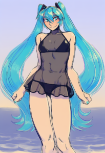 2__ittla__, girl,{{{hatsune miku,blue hair__,medium breasts, black dress bikini, s-1127421391