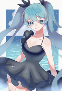 2__iwasi_29 __, girl,{{{hatsune miku__,medium breasts, black dress,sea,solo,look s-3893616877