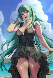 2__jeneral__, girl,{{{hatsune miku__,medium breasts, black dress,sea,solo,lookin s-2072434179