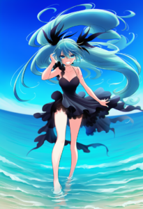 2__kaga3chi__, girl,{{{hatsune miku__,medium breasts, black dress,sea,solo,looki s-1538692721