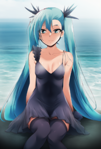2__kaiga__, girl,{{{hatsune miku__,medium breasts, black dress,sea,solo,looking s-3022184982