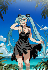 2__kamezaemon__, girl,{{{hatsune miku,blue hair__,medium breasts, black dress,se s-3624105975