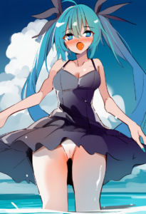 2__kamukamu_(ars)__, girl,{{{hatsune miku__,medium breasts, black dress,sea,solo s-3504039186