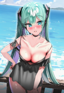 2__kanzarin__, girl,{{{hatsune miku,blue hair__,medium breasts, black dress biki s-595048067