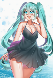 2__katou_shinobu__, girl, hatsune miku,medium breasts, black dress,sea,solo,look s-2879246547