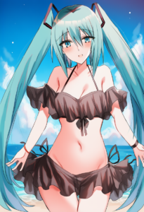 2__kinona__, girl,{{{hatsune miku,blue hair__,medium breasts, black dress bikini s-812131879