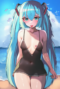 2__kkato__, girl,{{{hatsune miku,blue hair__,medium breasts, black dress bikini, s-4292215848