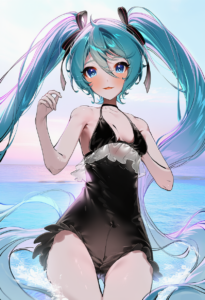 2__kkopoli__, girl,{{{hatsune miku,blue hair__,medium breasts, black dress bikin s-1793132277